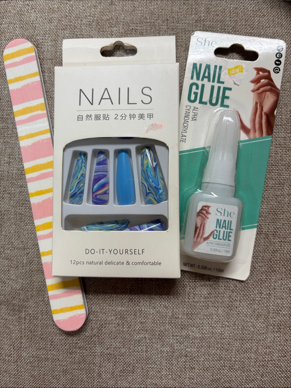 Blue and Swirl Marble Press-On Nails - 12pc Set